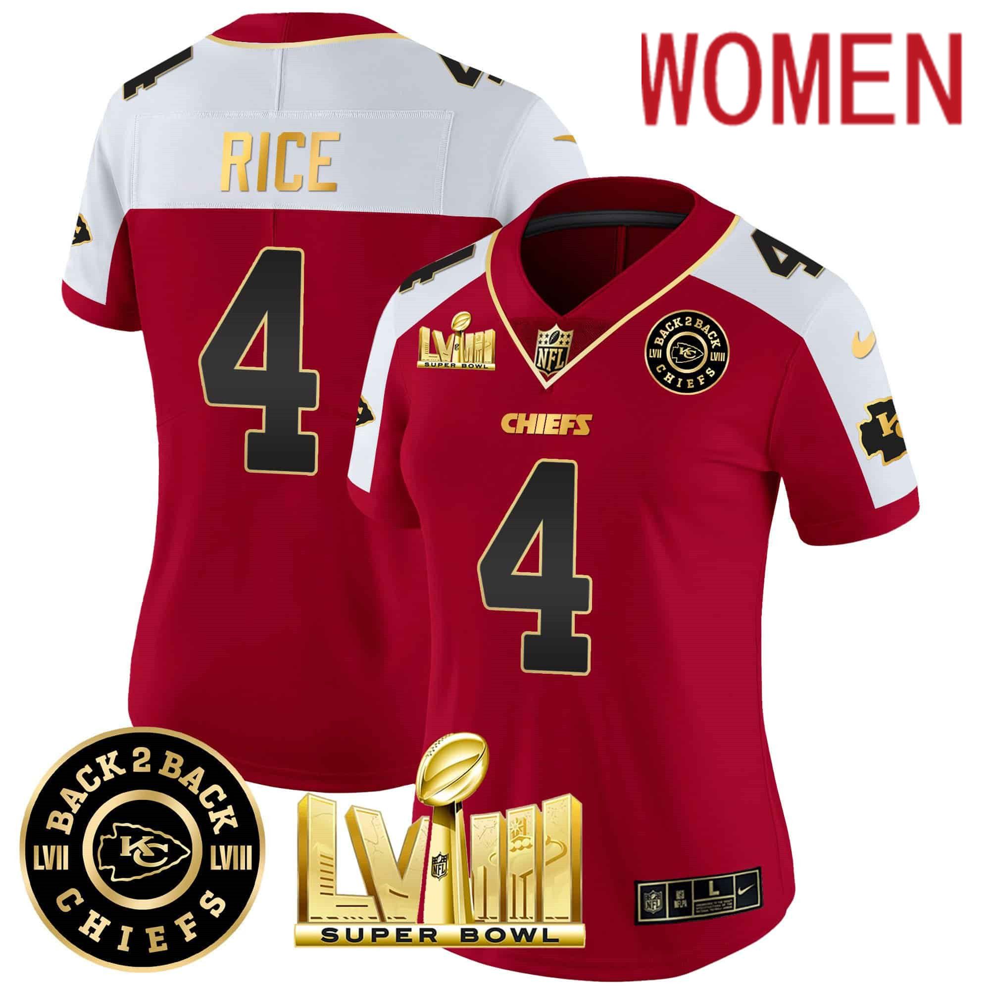 Women Kansas City Chiefs #4 Rice Red 2024 Nike Super Bowl LVIII & Back-2-Back Patch Vapor NFL Jersey